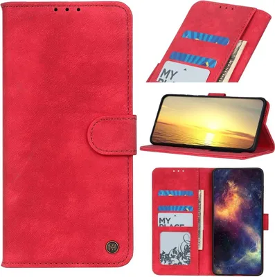 A collage of images showing a red phone case with card slots and a phone inside.
