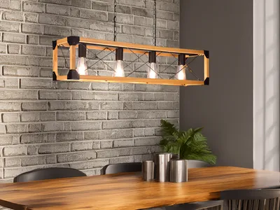 Produktbild von Mehrflammige Holzbalken Pendelleuchte Industrial Style über Kücheninsel Esstisch