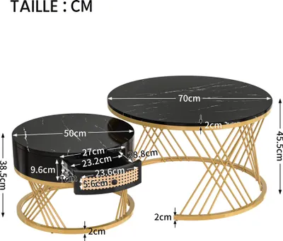 Image de okwish Lot de 2 tables basses effet marbre Ø70x45 cm et Ø50x38,5 cm, tables rondes avec tiroirs en rotin et poignées en bois massif, noires