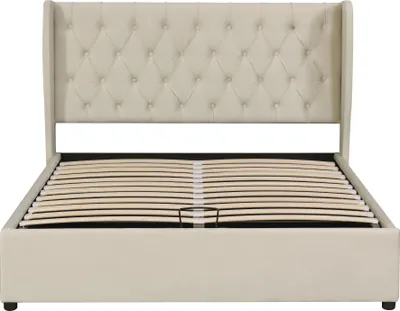 Produktbild von Polsterbett 140x200cm Doppelbett  (ohne Matratze) Ohrenform Hydraulisches Funktionsbett mit Lattenrost Grosse Knopfnaehte Stauraumbett Beige Samtstoff
