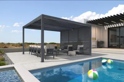 Produktbild von PURPLE LEAF Lamellenpergola 3,65 x 4,25 m, Aluminium, feste Lamellen, 1 kurze Seite, verstellbares Dach, wasserdicht, stabil, winterfest, Terrasse.