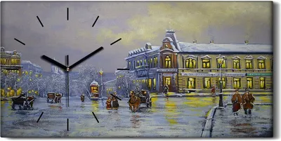 Produktbild von Wanduhr Uhr Wandbild Leinwand 60x30 Malerei Dorfbewohner Winter Schnee Lichter - schwarze Hände