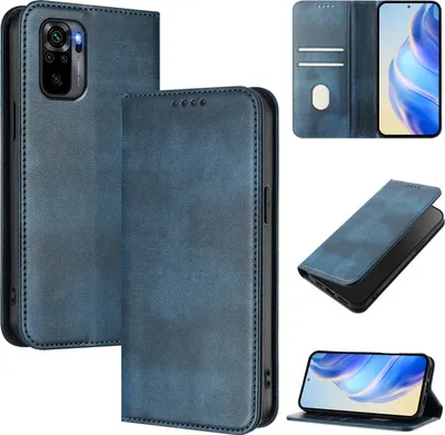 Produktbild von Handyhülle für Xiaomi Redmi Note 10 4G/Note 10s, Vintage Leder RFID Schutz Kartenfach Standfunktion Magnetische Klapphülle Blau