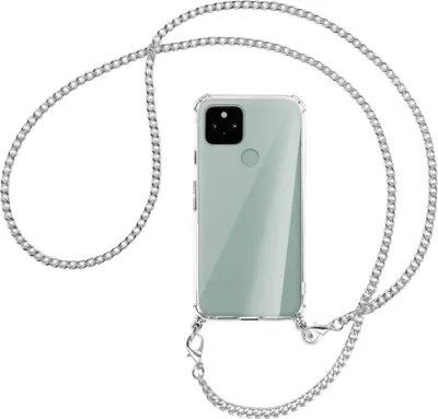 Produktbild von Handykette Backcover-Schutzhülle mit Band (Metall silberfarben) für Google Pixel 5 - silberfarbene Kette