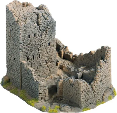 Produktbild von NOCH handkolorierte Burgruine für Modellbahn in Grautönen, 18 x 14 cm groß und 12 cm hoch, geeignet für H0 und TT Anlagen.