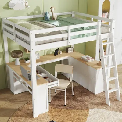 Zdjęcie produktu dla Łóżko piętrowe 140x200 cm, białe, wykonane z drewna sosnowego, MDF, płyty wiórowej i sklejki, z półką pod łóżkiem w kształcie litery "U" oraz z dwoma szufladami, idealne do pokoju dziecięcego