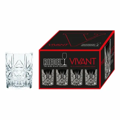 A single clear glass whisky tumbler is shown next to a product box for Riedel Vivant whisky glasses.