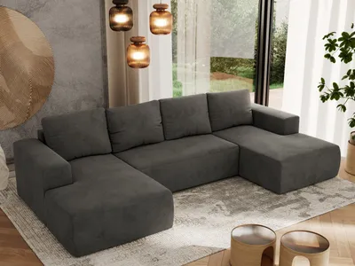Produktbild von MKS MEBLE Sofa mit Schlaffunktion - Ecksofa mit Schlaffunktion und Bettkasten - Sofa 5 Sitzer - Schlafsofa - Couch - Schlafsofa mit Bettkasten - Trentino U - Dunkelgrau Velvet