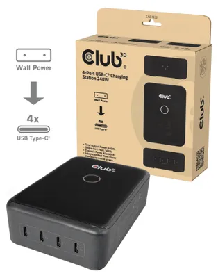 Produktbild von CLUB3D CAC-1933 Ladegerät 4-Port USB-C® 240W GaN PD 3.1 + PPS + LED Display, Drinnen, AC, 1,8 m, Schwarz