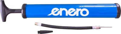A blue ball pump with a black handle and a flexible hose with a needle attachment.