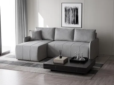 Produktbild von Ecksofa Capri L-form mit Schlaffunktion, Bettkasten & universeller Ottomane, Grau