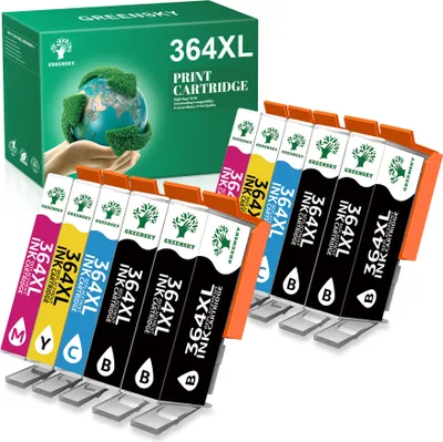 A box of printer ink cartridges and several ink cartridges arranged in front of it.