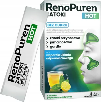 A product box and a single sachet of RenoPuren Zatoki Hot, a dietary supplement.