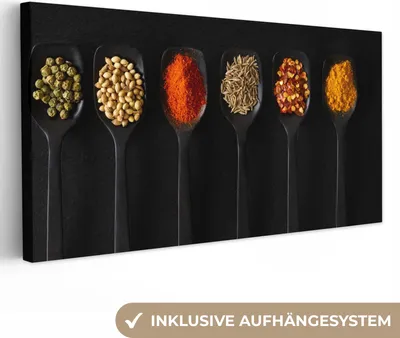 Produktbild von MuchoWow® - Leinwandbilder - Löffel - Gewürze - Schwarz - Gewürze - Rustikal, Wandbild, Wanddeko Bilder Wohnzimmer, 80x40 cm