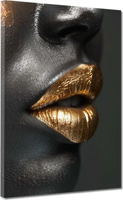 Produktbild von Goldene Lippen auf schwarzer Haut Leinwandbild Wandbild Kunstdruck XL Wanddeko: 60x80x4cm