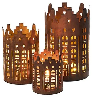 Produktbild von Set aus 3 Metall Weihnachtslaternen - Skyline Deko Tischlaterne in Rost-Optik für Weihnachten und Advent