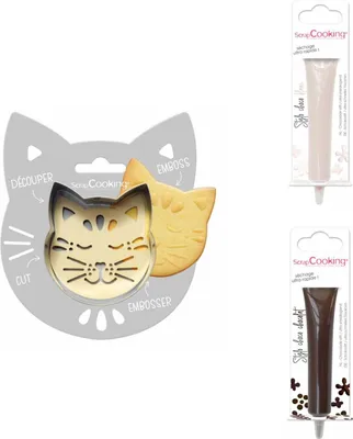 Produktbild von Kekspackung mit Katzenrelief + 2 Stifte aus weißer und brauner Schokolade