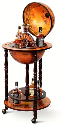 Image de Bar sur roues – Étagère à vin et chariot de boissons mobile avec un design unique en forme de globe, fabriqué en bois d'eucalyptus