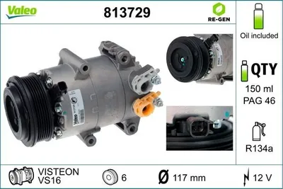 Immagine prodotto di Compressore climatizzatore 12 V R 134a Ø 117 mm VALEO per, tra gli altri, FORD FIESTA