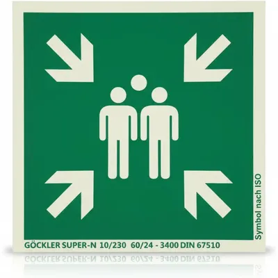 Zdjęcie produktu dla Symbol punktu zbiórki, rozmiar: 400 x 400 mm, fotoluminescencyjna płyta aluminiowa nieprzylepna zielona, symbol zgodny z ISO 7010, GÖCKLER SUPER-N 10/230 60/24 - 3400 DIN 67510