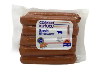 Produktbild von Halal Rindswurst 800g von Coşkun Kuyucu – Herzhafte Brühwurst aus 100 % Rindfleisch, würzig im Geschmack, ideal für Grill & Pfanne