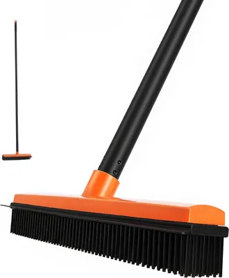 Produktbild von Verbesserter Gummibesen mit Stiel, 31CM-Gummiborsten, robuster und leichter 150CM-Edelstahlstiel, Gummibesen mit Abzieher für Teppichböden, Fenster und Glas, Orange-Schwarz