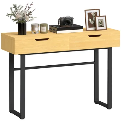 Produktbild von Konsolentisch Schmaler Flurtisch mit 2 Schubladen, Metallrahmen, für Flur 110 x 35 x 76,5 cm Natur