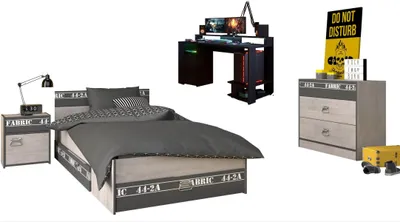 Immagine prodotto di Fabric 21 Camera da letto per bambini, set da 4 pezzi, grigio – Letto, tavolo da gaming, comodino, cassettiera