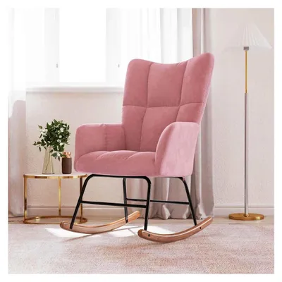 Produktbild von Rosa Samtschaukelstuhl mit Holzkufen - Elegant und Stabil, 61 x 78 x 98 cm