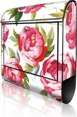 Produktbild von banjado Design Briefkasten Stahl schwarz mit Zeitungsfach pulverbeschichtet "Rosen Rustikal" 38x46x12,5cm & 2 Schlüssel - Postkasten A4 Einwurf inkl. Montagematerial [BKSCH 10421]