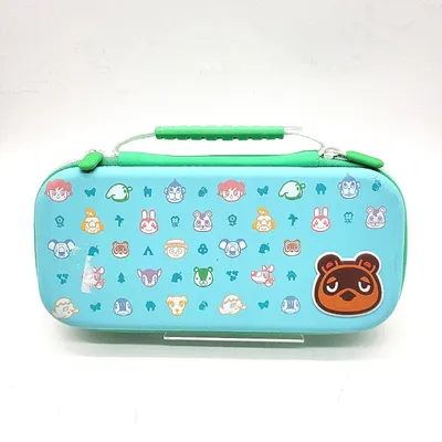 A light blue protective case with various Animal Crossing characters printed on it, featuring a green handle and zipper.