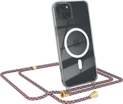 Produktbild von EAZY CASE - Handykette kompatibel mit Apple iPhone 15 Plus Kette zum Umhängen Stoßfest Handyhülle für Apple iPhone 15 Plus Silikon Hülle mit Band Handytasche Transparent als Fallschutz in Rot Camouflage