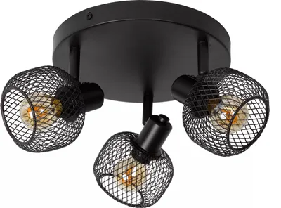 A black ceiling spotlight with three mesh lampshades and exposed bulbs.