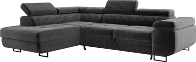 Produktbild von Ecksofa MONTANA mit einstellbare Kopfstützen, Eckcouch mit Schlaffunktion und Bettkasten, Sofa Cord, Polsterecke, Wohnlandschaft Links Grau PS60