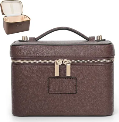 Produktbild von Kosmetiktasche Gro?, Make Up Tasche, Kosmetikkoffer Hartschale Damen, wasserdichte Schminktasche, Travel Makeup Bag, Braun Leder Kosmetiktasche mit F?chern und Griff