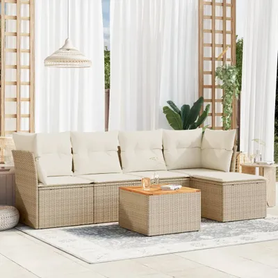 Produktbild von Modulares Garten-Sofa Set, 6-teilig, Poly Rattan Beige, mit Stauraum, wasserabweisendem Beutel, Akazienholz-Tischplatte, UV-beständig