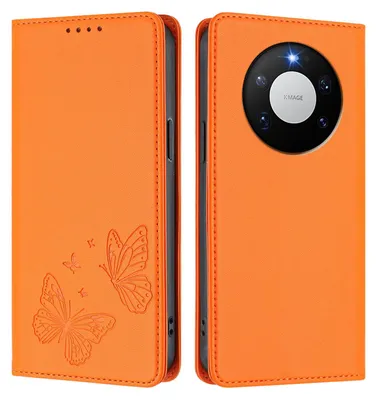 Image de Étui en cuir pour Huawei Mate 80 Pro Max, étui de protection type portefeuille en cuir gaufré « papillon » avec support, couleur orange