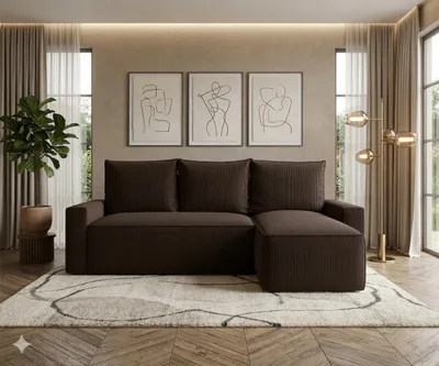 Image de Canapé d’angle HAVANA droit marron velours côtelé Poso 6 - fonction couchage, coffre de rangement pour la literie