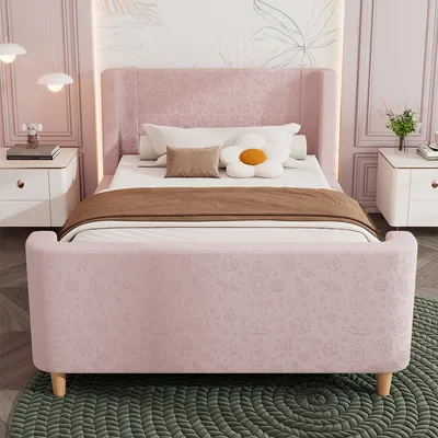 Produktbild von Kinderbett mit kosmischem Muster Samt Polsterbett Jugendbett Einzelbett für Jungen & Mädchen 90 x 200cm Rosa