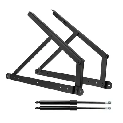 A pair of black bed lift hinges and two gas struts are shown against a white background.