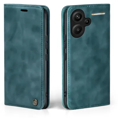 A teal flip case for a smartphone is shown from the front and back.