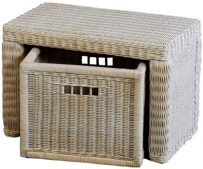Produktbild von KRINES HOME Stabile Sitzbank Flur aus echtem Rattan / Bad-Hocker Sitz-Bank Natur-Rattan / schmales Bett Bänkchen Schlafzimmer mit Korb Box zur Aufbewahrung Stauraum (Vintage Weiss, 60cm mit Schub)
