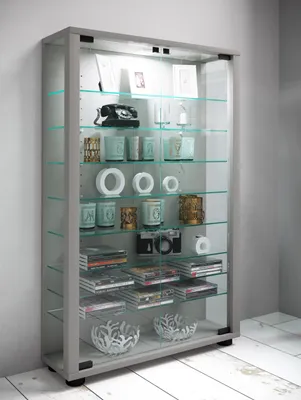 Produktbild von LumoMini Vitrinenschrank 2 Glastüren silberfarben.
