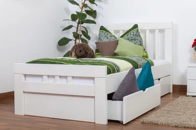 Produktbild von Einzelbett / Gästebett "Easy Premium Line" K8 inkl. 2 Schubladen und 1 Abdeckblende, 90 x 200 cm Buche Vollholz massiv weiß lackiert