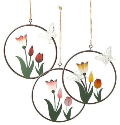 Produktbild von Logbuch-Verlag 3 Frühling Deko Anhänger Tulpen Blumen im Metallring zum Aufhängen Frühlingsdekoration Ø 10 cm