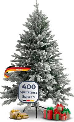 Produktbild von DELUKE® Weihnachtsbaum künstlich 160cm mit Schnee [Inkl. Lichterkette] Nordfichte -  Spritzguss | Tannenbaum naturgetreu inkl. Baumständer