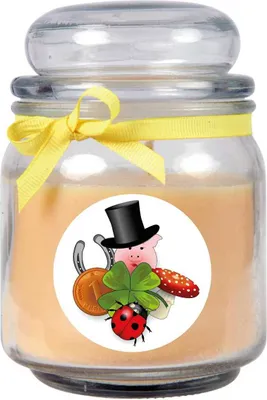 Produktbild von Duftkerze im Bonbonglas "Viel Glück", Duft: Vanille ( Gelb ), 300g - Brenndauer bis zu 70 Stunden