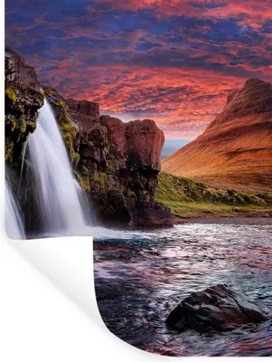 Produktbild von MuchoWow® Wandtattoo Wandsticker Wandaufkleber Wasserfall - Berg - Wolken - Rosa - Landschaft 90x120 cm Selbstklebend und Repositionierbar - Faltenfrei
