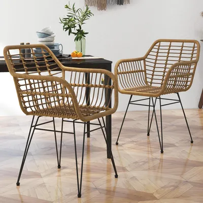 Produktbild von Esszimmerstühle 2er Set PE-Rattan mit Armlehnen, Küchenstühle Boho-Stil, Kunstrattan Stahl, Braun | 56 x 60 x 79 cm | 14 kg | rutschfest