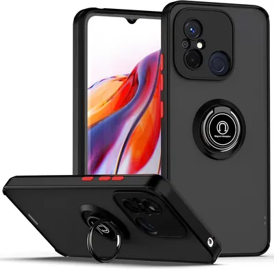 Immagine prodotto di Custodia per Xiaomi Redmi 12C opaca traslucida in TPU con supporto ad anello e supporto Nero Rosso